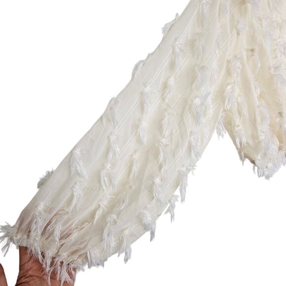 Boho Fringe Overlay Chiffon Crop Blouse Hippie Festival Sheer Button Sz M Cream - Picture 6 of 11